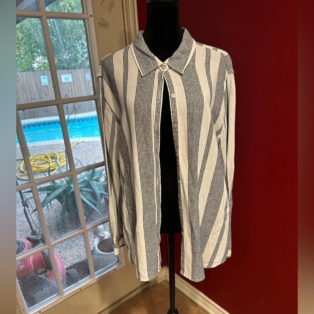 Orvis Women’s XXL Oversized Linen Blend Striped Button Shirt Blue White
